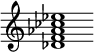 {
  % Rivin lopun pystyviiva ja tahtiosoitus piiloon.
  \override Score.BarLine.break-visibility = ##(#f #t #t)
  \override Staff.TimeSignature #'stencil = ##f
  
  <des' f' aes' ces'' ees''>1
}
