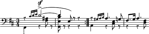 { \override Score.Rest #'style = #'classical \time 3/4 \key d \major \clef bass \relative c' << { \repeat volta 2 { r4 \grace { cis16[ d e] } d2^\sf->\( ~ | d4 e,8\) r r4 } r \grace { gis16[ a b] } a4. g8 | fis8. g16 a4. } \\ { fis,4-. r <fis' ais>8 r <b e, g,>8 r r4 r | a,4 r <cis e>8 r r4 r <d fis>8 } >> }