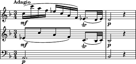 {
  \language "italiano"

  \new StaffGroup <<
    \omit StaffGroup.SystemStartBracket
    \new Staff {
      \set Staff.midiInstrument = #"violin"
      \set Score.tempoHideNote = ##t
      \tempo Adagio 4 = 70
      \relative do'' {
        \clef "treble" \key fa \major \time 3/4 |
        do16 \mf ( do'16 la16 fa16 mib16 ^[ do16 la16 fa16 ] ) mib8. (
        _\trill re32 mib32 )  |
        re2 \p r4
      }
    } \new Staff {
      \set Staff.midiInstrument = #"violin"
      \relative mib' {
        \clef "treble" \key fa \major \time 3/4 mib8 [ \mf ( do'8 la8 fa8 ] ) do8.
        ( _\trill sib32 do32 ) |
        sib2 \p r4
      }
    } \new Staff {
      \set Staff.midiInstrument = #"cello"
      \relative la, {
        \clef "bass" \key fa \major \time 3/4 la2. \p |
        sib2 r4
      }
    }
  >>
}