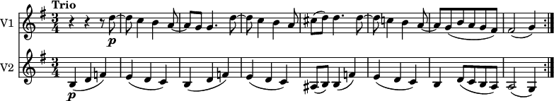 
<<
\new Staff \with { instrumentName = #"V1 "} \relative c'' {
    \version "2.18.2"
    \key g \major 
    \tempo "Trio"
    \tempo 4 = 100
    \time 3/4
  r4 r r8 d8 \p ~ d c4 b a8 ~ a g
  g4. d'8 ~ d c4 b a8
  cis (d) d4. d8 ~ d
  c!4 b a8 ~ a
  g (b a g fis)
  fis2 (g4)  \bar ":|."
}
\new Staff \with { instrumentName = #"V2 "}
 \relative c'' {
    \key g \major 
    \clef "treble"
    \time 3/4
   b,4  \p (d f)
   e (d c)
   b (d f)
   e (d c)
   ais8 (b) b4 (f')
   e (d c)
   b d8 (c b a)
   a2 (g4)  \bar ":|."
}
>>
