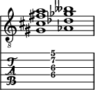  
<<
  %\override Score.BarLine.break-visibility = ##(#f #t #t)
  \time 2/1
    \new Staff  {
    \clef "treble_8"
        \once \override Staff.TimeSignature #'stencil = ##f
        <  gis cis' fis' a'>1 | <  aes des' ges' beses'>1 |
    }

     \new TabStaff {
       \override Stem #'transparent = ##t
       \override Beam #'transparent = ##t 
      s2 <  gis\4 cis'\3 fis'\2 a'\1>1 s2
  }
>>
