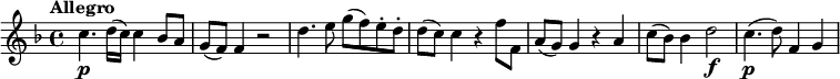  \relatif c" { \t \utama \tempo "Allegro" c4.\p d16 (c) c4 bes8 g (f) f4 r2 d'4. e8 g (f) e-. d-. d (c) c4 r f8 f, a (g) g4 r a c8 (bes) bes4 d2\f c4.\p (d8) f 4 g } 