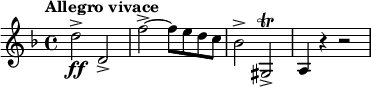 
{\ new PianoStaff << \ new Staff \ relative d '' {\ set Staff.midiInstrument = #"trumpet" \ key d \ minor \ clef diskant \ tid 4/4 \ set Score.tempoHideNote = ## t \ tempo " Allegro vivace "4 = 160 d2 \ ff -> d, 2 -> |  % 2 f'2 ~ -> f8 e8 d8 c8 |  % 3 bes2 -> gis, 2 \ trill -> |  % 4 a4 r4 r2} >>}
