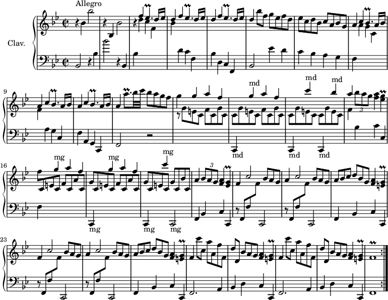 
\version "2.18.2"
\header {
 tagline = ##f
 % composer = "Domenico Scarlatti"
 % opus = "K. 528"
 % meter = "Allegro"
}

%% les petites notes
trillBesp = { \tag #'print { bes4.\prall } \tag #'midi { c16 bes c bes c bes } }
trillAqpUp = { \tag #'print { a'8.\prall } \tag #'midi { \times 2/3 { a16 bes a~ } a16 } }
trillEesp = { \tag #'print { ees4.\prall } \tag #'midi { f16 ees f ees f ees } }
trillEesG = { \tag #'print { < ees g >4\prall } \tag #'midi { a16 g a g } }
trillEG = { \tag #'print { < e g >4\prall } \tag #'midi { a16 g a g } }
trillFr = { \tag #'print { f1\prall } \tag #'midi { g16 f g f~ \tempo 2 = 60 f2. \tempo 2 = 82 } }

upper = \relative c'' {
 \clef treble 
 \key bes \major
 \time 2/2
 \tempo 2 = 82
 \set Staff.midiInstrument = #"harpsichord"
 \override TupletBracket.bracket-visibility = ##f

 \repeat volta 2 {
 s8*0^\markup{Allegro}
 r4 bes4 bes'2 | r4 bes,,4 bes'2 | r4 \stemUp \repeat unfold 3 { f' \trillEesp d16 ees | 
 % ms. 6
 d4 } \stemNeutral bes'8 f g ees f d | ees c d bes c a bes g | a4 \stemUp \repeat unfold 3 { c \trillBesp a16 bes |
 % ms. 11
 a4 } \stemNeutral \trillAqpUp bes32 c bes8 a g f | g4 \stemUp g a f |
 \change Staff = "lower" c,,,4-\markup{md}
 \change Staff = "upper" g''''^\markup{md} a f 
 \change Staff = "lower" c,,,4-\markup{md}
 \change Staff = "upper" c''''^\markup{md}
 \change Staff = "lower" c,,,,4-\markup{md}
 \change Staff = "upper" bes''''^\markup{md}
 % ms. 15
 a4 \stemNeutral \times 2/3 { bes8 a g } < f a >4 \trillEesG | \stemDown f8 \stemUp \repeat unfold 2 { c, e c f c a' c, | g' } c, e c g' c, bes' c, |
 % ms. 19
 a'4 \times 2/3 { bes8 a g } < a f >4 \trillEesG |
 \repeat unfold 2 { f4 c'2 \omit TupletNumber \times 2/3 { bes8 a g } | a4 c2 \omit TupletNumber \times 2/3 { bes8 a g } | \times 2/3 { a8 bes c d[ bes g] } < f a >4 \trillEG } \stemNeutral 
 % ms. 26
 \repeat unfold 2 { f4 c''8[ c,] a' a, f' f, | d'[ d,] \times 2/3 { bes'8 a g } < f a >4 \trillEG } | \trillFr }%repet

}

lower = \relative c' {
 \clef bass
 \key bes \major
 \time 2/2
 \set Staff.midiInstrument = #"harpsichord"
 \override TupletBracket.bracket-visibility = ##f

 \repeat volta 2 {
 % ************************************** \appoggiatura a16 \repeat unfold 2 { } \times 2/3 { } \omit TupletNumber 
 bes,2 r4 bes'4 | bes'2 r4 bes,, | bes' \stemDown \change Staff = "upper" d' c f, | bes \stemNeutral \change Staff = "lower" d, c f, bes d, c f, |
 % ms. 6
 bes2 ees'4 d | c bes a g | f \stemDown \change Staff = "upper" a' g c, | f \stemNeutral \change Staff = "lower" a, g c, | f a, g c, |
 % ms. 11
 f2 r2 | \stemDown \change Staff = "upper" r8 \repeat unfold 2 { g''8 e c f c g' c, | c } g' e c c g' e c |
 % ms. 15
 f4 \stemNeutral \change Staff = "lower" bes,4 c c, | f | 
 \repeat unfold 2 { \stemUp \change Staff = "upper" g''4^\markup{mg} a f 
 \stemNeutral \change Staff = "lower" c,,,4-\markup{mg} }
 \stemUp \change Staff = "upper" c''''4^\markup{mg}
 \stemNeutral \change Staff = "lower" c,,,,2-\markup{mg}
 % ms. 19
 f4 bes c c, | \repeat unfold 2 { \repeat unfold 2 { r8 f8 f' \change Staff = "upper" f' \stemNeutral \change Staff = "lower" c,,2 } | f4 bes c c, } |
 % ms. 26
 \repeat unfold 2 { f2. a4 |
 % ms. 27
 bes4 d c c, } | f1 }%repet

}

thePianoStaff = \new PianoStaff <<
 \set PianoStaff.instrumentName = #"Clav."
 \new Staff = "upper" \upper
 \new Staff = "lower" \lower
 >>

\score {
 \keepWithTag #'print \thePianoStaff
 \layout {
 #(layout-set-staff-size 17)
 \context {
 \Score
 \override SpacingSpanner.common-shortest-duration = #(ly:make-moment 1/2)
 \remove "Metronome_mark_engraver"
 }
 }
}

\score {
 \unfoldRepeats
 \keepWithTag #'midi \thePianoStaff
 \midi { }
}
