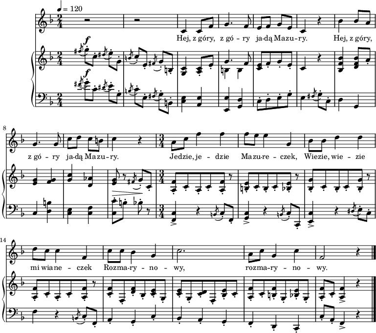 
\version "2.20.0"

\header{
title = ""
poet = ""
composer = ""
arranger = ""
tagline = ""
}

\score{
<<

\new Staff \with { midiInstrument = "flute" } {
   \new Voice = "mel" 
   % \set Staff.midiInstrument = #"fiddle"

   \relative c' {
		\key f \major
		\clef treble
		\time 2/4
		\tempo 4=120

   \cadenzaOn s2 \cadenzaOff % problem techniczny: ozdobnik (\acciaccatura) na początku taktu powodował podwójne wyświetlanie metrum
         r2 | r2 |		

		c4 c8 f |
		g4. f8 |
		e f g e |
		c4 r4 |
		
		bes'4 bes8 a |
		g4. g8 |
		c d c b |
		c4 r4|
		
		a8 c f4 f |
		f8 e e4 g, |
		bes8 bes d4 d |
		d8 c c4 f, |
		
		c'8 c bes4 g |
		c2. |
		a8 c g4 c |
		f,2 r4 \bar "|."
   }
}

\addlyrics { \small {
        Hej, z_gó -- ry, z_gó -- ry
        ja -- dą Ma -- zu -- ry.
        Hej, z_gó -- ry, z_gó -- ry
        ja -- dą Ma -- zu -- ry.
        Je -- dzie, je -- dzie Ma -- zu -- re -- czek,
        Wie -- zie, wie -- zie mi wia -- ne -- czek
        Roz -- ma -- ry -- no -- wy,
        roz -- ma -- ry -- no -- wy.

} }
\new PianoStaff <<
\new Staff = "RH"
\relative c'' {
\clef treble
\key f \major
\time 2/4
\tempo 4=120

% tu prawa ręka
   \cadenzaOn s2 \cadenzaOff 
   \acciaccatura { fis8 } g8\staccato^\f [ c,\staccato ] \acciaccatura { dis8 } e \staccato [ g, \staccato ] |
   \acciaccatura { b8 } c \staccato [ e, \staccato ] \acciaccatura { fis8 } g \staccato [  b, \staccato ] |

   <g c>4 <a c>8 \staccato [ e' \staccato ] |
   << { g4. f8 } \\ { b,4 b } >> |
   <c e>8[ f \staccato g \staccato e \staccato ] |
   c4 r |

   <bes f' bes>4 <d f bes>8[ a' \staccato ] |
   <e g>4 <f g> |

   <g c> <d as'> |
   <e g>8 r \acciaccatura { fis8 } g8\staccato [ c,\staccato ] |

   <a f'>8 \staccato [ c \staccato  a \staccato c \staccato <a f'> \staccato ] r |
   <b e>8 \staccato [ c \staccato  b \staccato c \staccato <bes e> \staccato ] r |
   <bes g'>8 \staccato [ c \staccato  bes \staccato c \staccato <bes g'> \staccato ] r |    
   <a f'>8 \staccato [ c \staccato  a \staccato c \staccato <a f'> \staccato ] r |

   <c f> \staccato [ f, \staccato <d' f> \staccato bes \staccato <c e> \staccato g \staccato ] |
   <c e> \staccato [ g \staccato <c d> \staccato f, \staccato <bes e> \staccato c \staccato ] |

   <a f'> \staccato [ c \staccato <b f'> \staccato g \staccato <bes e> \staccato g \staccato ] |
   <a f'> \staccato [ c \staccato ] <a f'>4-> r \bar "|." 
}
\new Staff = "LH" {
%\relative c' {
\clef bass
\key f \major
\time 2/4
\tempo 4=120

% tu lewa ręka
   \cadenzaOn s2 \cadenzaOff 
   \acciaccatura { fis'8 } g'8\staccato^\f [ c'\staccato ] \acciaccatura { dis'8 } e' \staccato [  g \staccato ] |
   \acciaccatura { b8 } c' \staccato [  e \staccato ] \acciaccatura { fis8 } g \staccato [  b, \staccato ]

   <c e>4 <a, e> |
   <e, e> <g, d> |
   c8\staccato [ d\staccato e\staccato g\staccato ] |
   e4 \acciaccatura { fis8 } g \staccato [  c \staccato ] |

   d4 g, |
   c <d b> |
   <e c> <f c> |
   <c c'>8^\> \staccato [ b \staccato ] bes8\! \staccato r8 |

\time 3/4
   <f, c>4-> r4 \acciaccatura { b,8 } c \staccato [  f, \staccato ] |
   <g, c>4-> r4 \acciaccatura { b,8 } c \staccato [  c, \staccato ] |

   <e, c>4-> r4 \acciaccatura { dis8 } e \staccato [ c \staccato ] |
   f4 r4  \acciaccatura { b,8 } c \staccato [  f, \staccato ] |

   a,4 \staccato g, \staccato c \staccato |
   bes, \staccato a, \staccato g, \staccato |

   f, \staccato d, \staccato c, \staccato |
   c8 \staccato [ a, \staccato ] f,4-> r4 \bar "|." 
}
   >>
>>
\midi{}
\layout{}

}
