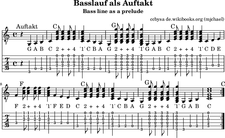 
\version "2.20.0"
\header {
  title="Basslauf als Auftakt"
  subtitle="Bass line as a prelude"
  composer="ccbysa de.wikibooks.org (mjchael)"
}
%Diskant- bzw. Melodiesaiten
Diskant = {
  r4\mark "Auftakt"  g,4 a, b,
 c4\mark "C"  <e g c' e'>8  <e g c' e'>4  <e g c' e'>8  <e g c' e'>4
  <c e g c' e'>4  c b, a, 
  g,4\mark "G"  <b, d g b g'>8  <b, d g b g'>4  <b, d g b g'>8  <b, d g b g'>4 
  <g, b, d g b g'> g,4 a, b,
  c4\mark "C"  <e g c' e'>8  <e g c' e'>4  <e g c' e'>8  <e g c' e'>4
 <c e g c' e'> c4 d e
 f4\mark "F" <a c' f'>8 <a c' f'>4 <a c' f'>8 <a c' f'>4
 <f a c' f'>4 f4 e d
  c4\mark "C"  <e g c' e'>8  <e g c' e'>4  <e g c' e'>8  <e g c' e'>4
  <c e g c' e'>4  c b, a, 
  g,4\mark "G"  <b, d g b g'>8  <b, d g b g'>4  <b, d g b g'>8  <b, d g b g'>4 
  <g, b, d g b g'> g,4 a, b,
  <c e g c' e'>1\mark "C"
  \mark "4x" 
}

text = \lyricmode {
	G A B 
    C "2" "+" "+" "4"
    "'1'" C B A
    G "2" "+" "+" "4"
    "'1'" G A B
    "C" "2" "+" "+" "4"
    "'1'" C D E
    F "2" "+" "+" "4"
    "'1'" F E D
    C "2" "+" "+" "4"
    "'1'" C B A
    G "2" "+" "+" "4"
    "'1'" G A B
    C
}

% Layout- bzw. Bildausgabe
\score {
  <<
    {
      %Noten
      \new Staff  <<
        \tempo 4 = 120
        %Tempo ausblenden
        \set Score.tempoHideNote = ##t
        \time 4/4
        \key c \major
        \set Staff.midiInstrument = #"acoustic guitar (nylon)"
        \clef "G_8" \repeat volta 4
        \new Voice = "Lied" { \Diskant}
        \new Lyrics \lyricsto "Lied" { \text }
      >>
    }
    % Tabulatur
    \new TabStaff {
      \tabFullNotation \repeat volta 4
        \Diskant
    }
  >>
  \layout {}
}
% Midiausgabe mit Wiederholungen, ohne Akkorde
\score {
  <<
    \unfoldRepeats {
      \new Staff  <<
        \tempo 4 = 120
        \time 4/4
        \key c \major
        \set Staff.midiInstrument = #"acoustic guitar (nylon)"
        \clef "G_8" \repeat volta 4
        \Diskant
      >>
    }
  >>
  \midi {}
}
% unterdrückt im raw="!"-Modus das DinA4-Format.
\paper {
  indent=0\mm
  % DinA4 0 210mm - 10mm Rand - 20mm Lochrand = 180mm
  line-width=180\mm
  oddFooterMarkup=##f
  oddHeaderMarkup=##f
  % bookTitleMarkup=##f
  scoreTitleMarkup=##f
}
