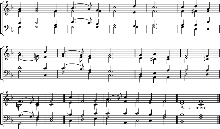 
\new ChoirStaff <<
  \new Staff { \clef treble \time 3/4 \key f \major \partial 1 \set Staff.midiInstrument = "church organ" \omit Staff.TimeSignature \set Score.tempoHideNote = ##t \override Score.BarNumber  #'transparent = ##t 
  \relative c''
  << { a4 | a2 f4 | bes4.( a8) g4 | c2 d4 | c2. \bar"||" c4 d a | \break
     bes2 c4 | a4.( g8) f4 | g2. \bar"||" g4 a e | f2 f4 | \break
     f4.( e8) d4 | g2 \bar"||" c4 | f,2 g4 | a4.( bes8) c4 | a2 g4 | \time 2/4 f2 \bar"||"
     \time 4/2 f1 f \bar"|." } \\
  { f4 | f2 f4 | f2 f4 | f2 e4 | f2. | f4 fis fis |
  g4.( f!8) e4 | f4. e8 d4 | e2. | d4 cis cis | d2 c!4 |
  b2 b4 | c2 e4 | f2 c4 | f2 f4 | f2 e4 | f2 | d1 c1 } >>
  }
\addlyrics {_ _ _ _ _ _ _ _ _ _ _ _ _ _ _ _ _ _ _
           _ _ _ _ _ _ _ _ _ _ _ _ _ _ _ _ _ _ A -- men.}
\new Staff { \clef bass \key f \major \set Staff.midiInstrument = "church organ" \omit Staff.TimeSignature
  \relative c'
  << { c4 | c2 a4 | d4.( c8) bes4 | a2 g4 | a2. | a4 a d |
     d2 c4 | c4.( bes8) a4 | g2. | d4 e a | a2 a4 |
     a4.( g8) f4 | e2 bes'!4 | a2 c4 | c2 c4 | c2 bes4 | a2 | bes1 a1 } \\
  { f4 | f2 f4 | f2 | f4 | f2 f4 | f2. | f4 d d |
  g2 c,4 | f2 f4 | c2. | bes4 a a | d2 d4 |
  g,2 d'4 | c2 c4 | d2 e4 | f2 a,4 | c2 c4 | f2 | bes,1 f' } >>
  } 
>>
\layout { indent = #0 }
\midi { \tempo 4 = 112 }
