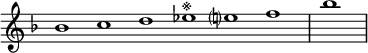 
\relative c'' {  
   \new Staff \with { \remove "Time_signature_engraver" }  
   { \key f \major  \time 1/1 \cadenzaOn bes1 c d ees^\markup{※} e? f  \bar "|" bes \bar"|"}
   }
