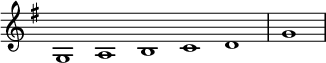 
\relative c' {  
   \new Staff \with { \remove "Time_signature_engraver" }  
   { \key g \major \time 1/1 \cadenzaOn g1 a b c d  \bar "|" g \bar"|"}
   }
