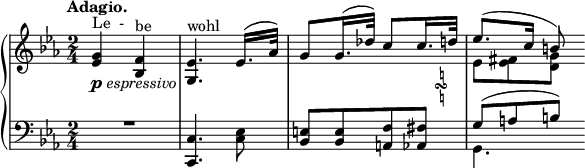 
 \relative c' {
  \new PianoStaff <<
   \new Staff { \key es \major \time 2/4 \tempo "Adagio."
    <<
     {
      <g' es>4^\markup "Le  -" _\markup { \dynamic p \italic espressivo }
      \override TextScript #'Y-extent = #'(-0.7 . 1.0) <f bes,>^\markup be <es g,>4.^\markup wohl
      es16.( aes32) g8 g16.( des'32) c8 c16._\markup
       \tiny \override #'(baseline-skip . 1) {
        \halign #-4 \raise #2
        \center-column {
         \natural
         \musicglyph #"scripts.turn"
         \natural
        }
       } d32 es8.( c16 b8)
     }
    \\
     { s2 s2 s2 es,8[ <fis es> <g d>] }
    >>
   }
   \new Staff { \key es \major \time 2/4 \clef bass
    <<
     {
      \override MultiMeasureRest #'staff-position = #2
      R2 <c,, c,>4. \once \stemDown <es c>8 <e bes>[ <e bes> <f a,> <fis aes,>] g[( a b)]
     }
    \\
     { s2 s2 s2 g,4. }
    >>
   }
  >>
 }
