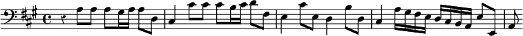 { \override Score.Rest #'style = #'classical \key a \major \time 4/4 \clef bass \relative c' { r4 a8[ a] a[ gis16 a] a8[ d,] | cis4 cis'8[ cis] cis[ b16 cis] d8[ fis,] | e4 cis'8 e, d4 b'8 d, | cis4 a'16[ gis fis e] d[ cis b a] e'8 e, | a8 } }
