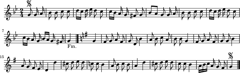 
\relative c'' {
  \key g \minor
  \time 2/4
  \partial 4
  \autoBeamOff
  g8\segno g16 a
  bes8 bes c c
  d16[ c] d es d8 c
  c16[ bes] a g fis8 g
  bes[ a] g g16 a
  bes8 bes c c
  d16[ c] d es d8 c

  c16[ bes] a g bes[ a] g fis
  g4_"Fin." \bar "|."
  \key g \major
  g4
  fis8 g a fis
  g d b'4
  a8 b c a
  b b g4
  fis8 g a fis
  g g b4

  a8 g fis e
  d4 d'
  cis8 d e d
  c! c b4
  a8 b c b
  a4 d
  cis8 d e d
  c c b4
  a16[ b c] a g8 fis
  g4\segno
  \bar "|."
}
