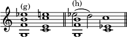 { \override Score.TimeSignature #'stencil = ##f \time 2/1 \relative g { <g f' b ees>1^"(g)" <c e c' e> \bar "||" << { <g f' b> <c ees> } \\ { \slurUp ees'2(^"(h)" d) c1 } >> \bar "||" } }