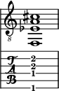  
<<
  %\override Score.BarLine.break-visibility = ##(#f #t #t)
  \time 1/1
    \new Staff  {
    \clef "treble_8"
        \once \override Staff.TimeSignature #'stencil = ##f
        <f,  ees a cis' >1
    }

     \new TabStaff {
       \override Stem #'transparent = ##t
       \override Beam #'transparent = ##t 
      <f,\6  dis\4 a\3 cis'\2 >1
  }
>>
