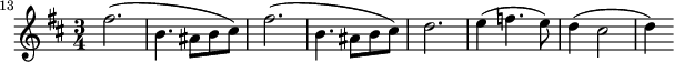 
\ relativ c '' {\ key b \ minor \ time 3/4 \ clef diskant \ set Staff.midiInstrument = "oboe" \ set Score.currentBarNumber = #13 \ bar "" fis2. (| b, 4. ais8 b cis) |  fis2. (| b, 4. ais8 b cis) |  d2.  |  e4 (f4. e8) |  d4 (cis2 | d4)}
