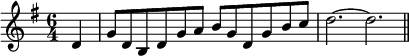 { \time 6/4 \key g \major \partial 4 \relative d' { d4 | g8 d b d g a b g d g b c | d2. ~ d \bar "||" } }