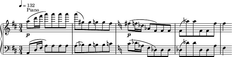 
{ \new PianoStaff << \new Staff \relative c'' { \clef treble \time 3/4 \key d \major \tempo 4 = 132 a'8(\p^"Piano" d16 fis a8) aaa |  a( gis,) gis gg fis |  \key c \major fis(\p f16 des aes8 f) ff |  f( aes') aes f, ff' |  f4 } \new Staff \relative c' { \clef bass \key d \major \time 3/4 a,8( d16 fis a8) aaa |  a( bes) bes bbc |  \key c \major c( des16 aes f8 des8) des des |  des( des') des des, des a' |  f4 } >> }
