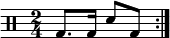 
    \new Pentagramma << \relative c' { \clef percussion \time 2/4 \repeat volta 2 { g8.  g16 d'8 g, } } >>
