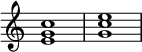 
{\ ohita Score.TimeSignature #'stencil = ## f \ relative c' {\ clef treble \ time 4/4 \ key c \ major <eg c> 1 <gc e>}}
