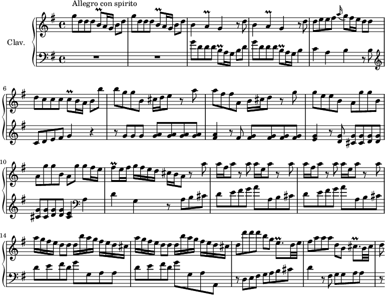 
\version "2.18.2"
\header {
  tagline = ##f
  % composer = "Domenico Scarlatti"
  % opus = "K. 169"
  % meter = "Allegro con spirito"
}

%% les petites notes
trillBq       = { \tag #'print { b8\prall } \tag #'midi { c32 b c b } }
trillA        = { \tag #'print { a4\prall } \tag #'midi { b32 a b a~ a8 } }
trillCq       = { \tag #'print { c8\prall } \tag #'midi { d32 c d c } }
trillFisq     = { \tag #'print { fis8\prall } \tag #'midi { g32 fis g fis } }
trillEqp      = { \tag #'print { e8.\prall } \tag #'midi { fis32 e fis e~ e16 } }
trillCisqp    = { \tag #'print { cis8.\prall } \tag #'midi { d32 cis d cis~ cis16 } }

upper = \relative c'' {
  \clef treble 
  \key g \major
  \time 4/4
  \tempo 4 = 102
  \set Staff.midiInstrument = #"harpsichord"
  \override TupletBracket.bracket-visibility = ##f

      s8*0^\markup{Allegro con spirito}
      \repeat unfold 2 { g'8 d d d \trillBq a16 g b8 d }
      % ms. 3
      \repeat unfold 2 { b4 \trillA g4 r8 d'8 } | d8 e e fis \appoggiatura a16 g8 fis16 e d8 d |
      % ms. 6
      d8 c c c \trillCq b16 a b8 b' | b g g b, cis16 d e8 r8 a8 | a fis fis a, b16 cis d8 r8 g8 |
      % ms. 9
      g8 e e b \repeat unfold 2 { a g' g b, } a g' g fis16 e | \trillFisq e16 fis g fis e d cis b a8 r8 \repeat unfold 2 { a'8 |
      % ms. 12
      a16 fis a8 r8 a8 a16 e a8 r8 } a8 | \repeat unfold 2 { a16 g fis e d8 d8 d16 b' a g fis e d cis } |
      % ms. 16
      d8 d' d d b g \trillEqp d32 e | fis8 a a a d, b \trillCisqp b32 cis | d8

}

lower = \relative c' {
  \clef bass
  \key g \major
  \time 4/4
  \set Staff.midiInstrument = #"harpsichord"
  \override TupletBracket.bracket-visibility = ##f

    % ************************************** \appoggiatura a16  \repeat unfold 2 {  } \times 2/3 { }   \omit TupletNumber 
      R1*2 | g'8 d d d \trillBq a16 g b8 d | g8 d d d \trillBq a16 g b4 | c a b r8 b8 |   \clef treble 
      % ms. 6
      c8 d e fis g4 r4 | r8 g8 g g < g a > q q q | < fis a >4 r8 fis8 < fis g > q q q |
      % ms. 9
      < e g >4 r8 < d g >8 \repeat unfold 2 { < cis g' > q < d g > q } < cis e >4 |   \clef bass a4 | d g, r8 a8 b cis |
      % ms. 12
      \repeat unfold 2 { d8 e fis g a a, b cis } | d e fis d g g, a a | 
      % ms. 15
      d8 e fis d g g, a a, | r8 d8 e fis g a b cis | d4 r8 fis,8 g g a a | r8

}

thePianoStaff = \new PianoStaff <<
    \set PianoStaff.instrumentName = #"Clav."
    \new Staff = "upper" \upper
    \new Staff = "lower" \lower
  >>

\score {
  \keepWithTag #'print \thePianoStaff
  \layout {
      #(layout-set-staff-size 17)
    \context {
      \Score
     \override SpacingSpanner.common-shortest-duration = #(ly:make-moment 1/2)
      \remove "Metronome_mark_engraver"
    }
  }
}

\score {
  \keepWithTag #'midi \thePianoStaff
  \midi { }
}
