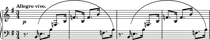 
\relative c {
  \new PianoStaff <<
   \new Staff = "R" { \key e \minor \time 3/4 \set Score.tempoHideNote = ##t \tempo "Allegro vivo." 2=60
    \change Staff = "L" d8.\rest b16\( e8. b'16 \change Staff = "R" f8. b16
    f'8. b,16 f'8. b16 \change Staff = "L" f,8. b16\)
    d,8.\rest b16\( e8. b'16 \change Staff = "R" f8. b16
    f'8. b,16 f'8. b16 \change Staff = "L" f,8. b16\)
   }
   \new Dynamics {
    s8-\p
   }
   \new Staff = "L" { \key e \minor \time 3/4 \clef bass
    s2. s s s
   }
  >>
 }
