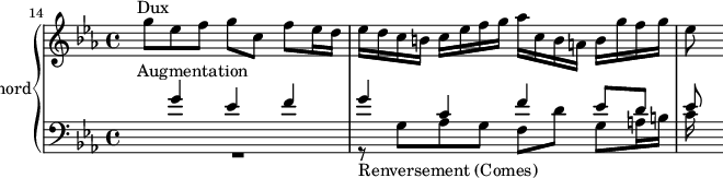 
\version "2.18.2"
\header {
  tagline = ##f
}

Dux            = { s8^\markup{Dux} g8 ees f g c, f ees16 d }
Augmentation   = { s4^\markup{Augmentation} g4 ees f g c, f ees8 d ees }
Semoc          = { r8_\markup{Renversement (Comes)} g,8 aes g f d' g, a16 b }

upper = \relative c''' {
  \clef treble 
  \key c \minor
  \time 4/4
  \tempo 4 = 63
  \set Staff.midiInstrument = #"harpsichord" 
  \set Score.currentBarNumber = #14
  %\context Score \applyContext #(set-bar-number-visibility 4)
  \bar ""

   %% FUGUE CBT II-2, BWV 871, ut mineur — augmentation renversement
   \Dux ees16 d c b c ees f g aes c, b a b g' f g ees8
   
}

lower = \relative c'' {
  \clef bass 
  \key c \minor
  \time 4/4
  \set Staff.midiInstrument = #"harpsichord" 
    
  << { \Augmentation } \\ { R1 \Semoc c16 } >>
    
} 

\score {
  \new PianoStaff <<
    \set PianoStaff.instrumentName = #"harpsichord"
    \new Staff = "upper" \upper
    \new Staff = "lower" \lower
  >>
  \layout {
       indent = #0
    \context {
      \Score
      \remove "Metronome_mark_engraver"
    }
  }
  \midi { }
}
