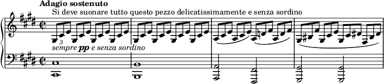 \new PianoStaff <<
  \new Staff \relative c' {
    \override Score.NonMusicalPaperColumn #'line-break-permission = ##f
    \key cis \minor
    \time 2/2
    \tempo "Adagio sostenuto"
    \override TupletBracket #'direction = #-1
    \times 2/3 { gis8^"Si deve suonare tutto questo pezzo delicatissimamente e senza sordino"
                 cis e }
    \override TupletNumber #'stencil = ##f
    \repeat unfold 7 { \times 2/3 { gis,8[ cis e] } } |
    \times 2/3 { a,8[( cis e] } \times 2/3 { a, cis e) }
    \times 2/3 { a,8[( d! fis] } \times 2/3 { a, d fis) } |
    \times 2/3 { gis,([ bis fis'] } \times 2/3 { gis, cis e } \times 2/3 { gis,[ cis dis!] }
    \times 2/3 { fis, bis dis) } |
  }
  \new Dynamics {
    \override TextScript #'whiteout = ##t
    s4^\markup { \italic sempre \dynamic pp \italic "e senza sordino" }
  }
  \new Staff \relative c {
    \clef "bass"
    \key cis \minor
    <cis cis,>1 | <b b,> |
    <a a,>2 <fis fis,> | <gis gis,> q |
  }
>>
