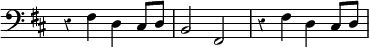 { \clef bass \key d \major \override Score.Rest #'style = #'classical \time 4/4 \override Score.TimeSignature #'stencil = ##f r4 fis d cis8 d | b,2 fis, | r4 fis d cis8 d }