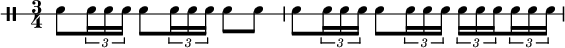 
  \new DrumStaff \with{
    \override StaffSymbol.line-count = #1
    drumStyleTable = #percussion-style
  }
  \drummode {
    \time 3/4 {
      \set Score.tempoHideNote = ##t \tempo 8 = 120
      \set subdivideBeams = ##t
      \set baseMoment = #(ly:make-moment 1/8)
      \set beatStructure = #'(2 2 2)
      snare8 \tuplet 3/2 {snare16 snare16 snare16} snare8 \tuplet 3/2 {snare16 snare16 snare16} snare8 snare8 |
      snare8 \tuplet 3/2 {snare16 snare16 snare16} snare8 \tuplet 3/2 {snare16 snare16 snare16} \tuplet 3/2 {snare16 snare16 snare16} \tuplet 3/2 {snare16 snare16 snare16}
    }
  }
