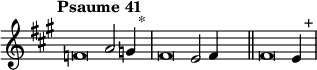 \language "français" % pour avoir du sol, la etc...
\relative { \key la \major \tempo "Psaume 41"   
            \set Score.tempoHideNote = ##t \tempo 4 = 200 \cadenzaOn % rythme pour le midi, retrait des barre auto
            \override Score.TimeSignature.stencil = ##f %Enlève la clef de Do
            \override Score.SpacingSpanner.common-shortest-duration = #(ly:make-moment 1 2) %Espace entre les notes 1/2 c’est bien.
fa'\breve la2 sol4 s2^"*"\bar "|"
fa\breve mi2 fa4 s2\bar "||" 
fa\breve mi4 s2^"+"\bar "|" 
   \cadenzaOff }