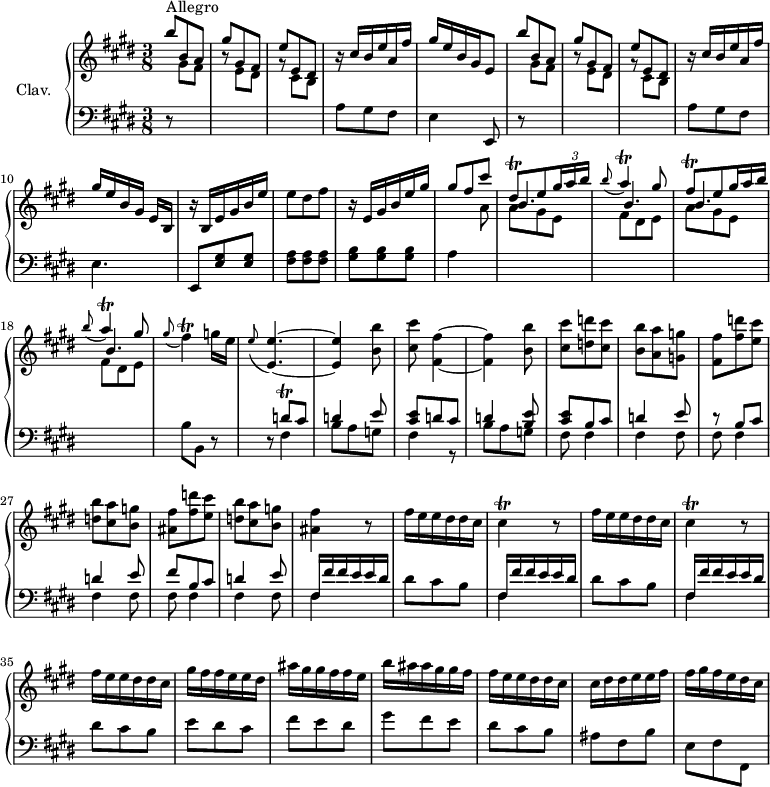 
\version "2.18.2"
\header {
 tagline = ##f
 % composer = "Domenico Scarlatti"
 % opus = "K. 136"
 % meter = "Allegro"
}

%% les petites notes
trillDisqDown = { \tag #'print { dis,8\trill } \tag #'midi { e32 dis e dis } }
trillA = { \tag #'print { a4\trill } \tag #'midi { b32 a b a~ a8 } }
trillFisq = { \tag #'print { fis8\trill } \tag #'midi { gis32 fis gis fis } }
trillFis = { \tag #'print { fis4\trill } \tag #'midi { gis32 fis gis fis~ fis8 } }
trillCis = { \tag #'print { cis4\trill } \tag #'midi { dis32 cis dis cis~ cis8 } }
trillDqUp = { \tag #'print { d'8\trill } \tag #'midi { e32 d e d } }

upper = \relative c'' {
 \clef treble 
 \key e \major
 \time 3/8
 \tempo 4. = 72
 \set Staff.midiInstrument = #"harpsichord"
 \override TupletBracket.bracket-visibility = ##f

 s8*0^\markup{Allegro}
 \stemUp b'8 b, a | gis' gis, fis | e' e, dis | r16 cis'16 b e a, fis' | gis e b gis e8 | b''8 b, a |
 % ms. 7
 gis' gis, fis | e' e, dis | r16 cis'16 b e a, fis' | gis e b gis e[ b] | r16 b16 e gis b e | \stemNeutral e8 dis fis | \stemUp
 % ms. 13
 r16 e,16 gis b e gis | gis8 fis cis' | \trillDisqDown e8 \times 2/3 { gis16 a b } \omit TupletNumber | \appoggiatura b8 \trillA gis8 | \trillFisq e8 \times 2/3 { gis16 a b } | \appoggiatura b8 \trillA gis8 | \stemNeutral \appoggiatura gis8 \trillFis g16 e |
 % ms. 20
 \appoggiatura e8 < e, e' >4.~ | q4 < b' b' >8 < cis cis' >8 < fis, fis' >4~ | q4 < b b' >8 | < cis cis' > < d d' > < cis cis' > < b b' > < a a' > < g g' > < fis fis' > < fis' d' > < e cis' > |
 % ms. 27
 < d b' >8 < cis a' > < b g' > | < ais fis' > < fis' d' > < e cis' > | < d b' >8 < cis a' > < b g' > | < ais fis' >4 r8 | \repeat unfold 2 { fis'16 e e dis dis cis | \trillCis r8 } | 
 % ms. 35
 fis16 e e dis dis cis | gis' fis fis e e dis | ais' gis gis fis fis e | b' ais ais gis gis fis |
 % ms. 29
 fis16 e e dis dis cis | cis dis dis e e fis | fis gis fis e dis cis | 

}

lower = \relative c' {
 \clef bass
 \key e \major
 \time 3/8
 \set Staff.midiInstrument = #"harpsichord"
 \override TupletBracket.bracket-visibility = ##f

 % ************************************** \appoggiatura a16 \repeat unfold 2 { } \times 2/3 { } \omit TupletNumber 
 r8 \stemDown \change Staff = "upper" gis'8 fis r8 e dis | r8 cis b | \stemNeutral \change Staff = "lower" a8 gis fis | e4 e,8 | r8 \stemDown \change Staff = "upper" gis''8 fis | 
 % ms. 7
 r8 e8 dis | r8 cis b | \stemNeutral \change Staff = "lower" a8 gis fis | e4. | e,8 < e' gis >8 q | < fis a > q q
 % ms. 13
 < gis b >8 q q | a4 \stemDown \change Staff = "upper" a'8 \repeat unfold 2 { << { \shiftOn b4. b } \\ { a8 gis e | fis dis e } >> } \stemNeutral \change Staff = "lower" b8 b, r8 |
 % ms. 20
 r8 << { \trillDqUp cis8 | d4 e8 | < cis e > d cis | d4 < b e >8 | < cis e > b cis | d4 e8 | r8 b8 cis } 
 \\ { fis,4 | b8 a g | fis4 r8 | b8 a g | fis8 fis4 | fis4 fis8 | fis fis4 } >>
 % ms. 27
 << { d'4 e8 | fis b, cis | d4 e8 | fis,16 fis' fis e e dis } \\ { fis,4 fis8 | fis fis4 | fis fis8 | fis4 } >> | dis'8 cis b | \repeat unfold 2 { << { fis16 fis' fis e e dis } \\ { fis,4 } >> dis'8 cis b } | 
 % ms. 36
 e8 dis cis | fis e dis | gis fis e |
 % ms. 39
 dis8 cis b | ais fis b | e, fis fis, |

}

thePianoStaff = \new PianoStaff <<
 \set PianoStaff.instrumentName = #"Clav."
 \new Staff = "upper" \upper
 \new Staff = "lower" \lower
 >>

\score {
 \keepWithTag #'print \thePianoStaff
 \layout {
 #(layout-set-staff-size 17)
 \context {
 \Score
 \override SpacingSpanner.common-shortest-duration = #(ly:make-moment 1/2)
 \remove "Metronome_mark_engraver"
 }
 }
}

\score {
 \keepWithTag #'midi \thePianoStaff
 \midi { }
}
