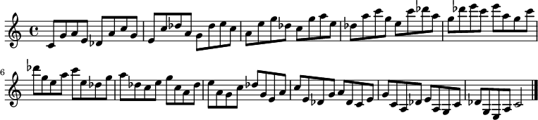 
{

\modalTranspose c c' { c des e g a } { c8 g a e } 
\modalTranspose c des' { c des e g a } { c g a e } 
\modalTranspose c e' { c des e g a } { c g a e } 
\modalTranspose c g' { c des e g a } { c g a e } 
\modalTranspose c a' { c des e g a } { c g a e } 
\modalTranspose c c'' { c des e g a } { c g a e } 
\modalTranspose c des'' { c des e g a } { c g a e } 
\modalTranspose c e'' { c des e g a } { c g a e } 
\modalTranspose c g'' { c des e g a } { c g a e } 

\modalInversion c e''' { c des e g a } { c g a e } 
\modalInversion c des''' { c des e g a } { c g a e } 
\modalInversion c c''' { c des e g a } { c g a e } 
\modalInversion c a'' { c des e g a } { c g a e } 
\modalInversion c g'' { c des e g a } { c g a e } 
\modalInversion c e'' { c des e g a } { c g a e } 
\modalInversion c des'' { c des e g a } { c g a e } 
\modalInversion c c'' { c des e g a } { c g a e } 
\modalInversion c a' { c des e g a } { c g a e } 
\modalInversion c g' { c des e g a } { c g a e } 
\modalInversion c e' { c des e g a } { c g a e } 
\modalInversion c des' { c des e g a } { c g a e } 

c'2

\bar "|."
}
