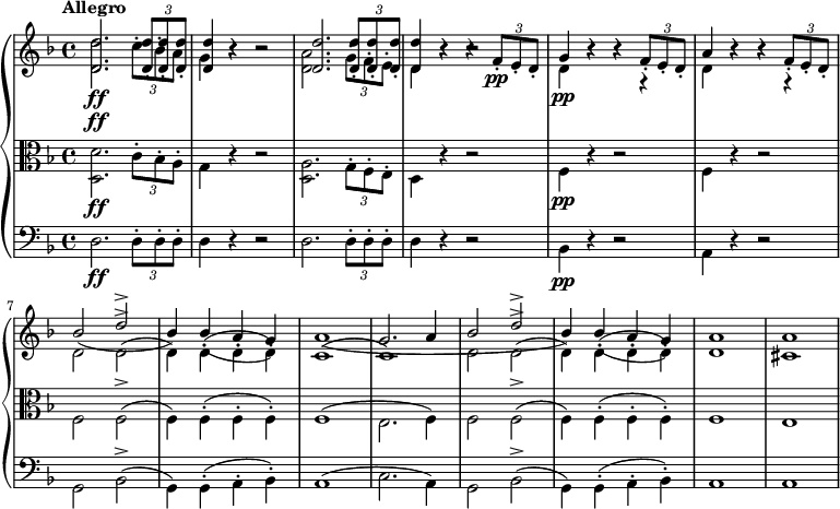 
 { \new PianoStaff <<
 \new Staff <<
 \set Staff.midiInstrument = #"violin"
 \tempo "Allegro"
 \tempo 4 = 140
 \key d \minor
 \time 4/4
 \new Voice \relative c' {
 \stemUp
 <d d'>2. _\ff \times 2/3 {q8-. q-. q-.}
 q4 r r2 q2. \times 2/3 {q8-. q-. q-.}
 q4 r r \times 2/3 {f8-. _\pp e-. d-.}
 g4 r r \times 2/3 {f8-. e-. d-.}
 a'4 r r \times 2/3 {f8-. e-. d-.}
 bes'2 ( d^>
 bes4) bes-.( a-. g-.)
 a1(
 g2. a4
 bes2 ( d^>
 bes4) bes-.( a-. g-.)
 a1
 a
 }
 \new Voice \relative c' {
 \stemDown
 <d d'>2. _\ff \times 2/3 {c'8-. bes-. a-.}
 g4 r r2
 <d a'>2. \times 2/3 {g8-. f-. e-.}
 d4 r r2
 d4 _\pp r r r
 d r r r
 d2 d^>(
 d4) d-.( d-. d-.)
 c1(
 c)
 d2 d^>(
 d4) d-.( d-. d-.)
 d1
 cis
 }
>>
 \new Staff <<
 \set Staff.midiInstrument = #"viola"
 \tempo "Allegro"
 \tempo 4 = 140
 \clef alto
 \key d \minor
 \time 4/4
 \new Voice \relative c {
 \stemDown
 <d d'>2. _\ff \times 2/3 {c'8-. bes-. a-.}
 g4 r r2
 <d a'>2. \times 2/3 {g8-. f-. e-.}
 d4 r r2
 f4 _\pp r r2
 f4 r r2
 f2 f^>(
 f4) f-.( f-. f-.)
 f1(
 e2. f4)
 f2 f^>(
 f4) f-.( f-. f-.)
 f1
 e
 }
>>
 \new Staff <<
 \set Staff.midiInstrument = #"cello"
 \tempo "Allegro"
 \tempo 4 = 140
 \clef bass
 \key d \minor
 \time 4/4
 \new Voice \relative c {
 \stemDown
 d2. _\ff \times 2/3 {d8-. d-. d-.}
 d4 r r2
 d2. \times 2/3 {d8-. d-. d-.}
 d4 r r2
 bes4 _\pp r r2
 a4 r r2
 g2 bes^>(
 g4) g-.( a-. bes-.)
 a1(
 c2. a4)
 g2 bes^>(
 g4) g-.( a-. bes-.)
 a1
 a
 }
>>
>>
}
