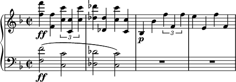 
\ related c '' {\ new PianoStaff << \ new Staff {\ set Staff.midiInstrument = # "piano" \ key d \ minor \ clef treble \ time 2/2 \ set Score.tempoHideNote = ## t \ tempo 2 = 60 <f f '> 4 \ ff <f, f'> 4 \ times 2/3 {<c 'c'> 4 <c, c '> 4 <c' c '> 4} |  <des des '> 4 <des, des'> 4 <c 'c'> 4 <c, c '> 4 |  bes4 \ p bes'4 \ times 2/3 {f'4 f, 4 f'4} |  e4 e, 4 f'4 f, 4 |  } \ new Staff {\ set Staff.midiInstrument = # "piano" \ key d \ minor \ clef bass \ time 2/2 <f, f '> 2 \ ff (<c c'> 2 | <des des '> 2 <c c '> 2) |  R1 * 2 |  } >>}
