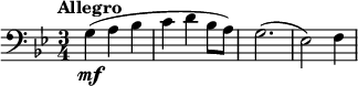  \relative f { \clef bass \key g \minor \time 3/4 \tempo "Allegro" g\mf (a bes | c d bes8 a) | g2.( es2) f4 }