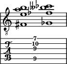  
<<
  %\override Score.BarLine.break-visibility = ##(#f #t #t)
  \time 2/1
    \new Staff  {
    \clef "treble_8"
        \once \override Staff.TimeSignature #'stencil = ##f
        < fis  e' a' b'>1 | < ges  fes' beses' ces''>1 |
    }

     \new TabStaff {
       \override Stem #'transparent = ##t
       \override Beam #'transparent = ##t 
      s2 < fis\5  e'\3 a'\2 b'\1>1 s2
  }
>>
