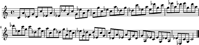 
{

\modalTranspose c c' { c des ees g a } { c8 a des g } 
\modalTranspose c des' { c des ees g a } { c a des g } 
\modalTranspose c ees' { c des ees g a } { c a des g } 
\modalTranspose c g' { c des ees g a } { c a des g } 
\modalTranspose c a' { c des ees g a } { c a des g } 
\modalTranspose c c'' { c des ees g a } { c a des g } 
\modalTranspose c des'' { c des ees g a } { c a des g } 
\modalTranspose c ees'' { c des ees g a } { c a des g } 
\modalTranspose c g'' { c des ees g a } { c a des g } 

\modalInversion c ees''' { c des ees g a } { c a des g } 
\modalInversion c des''' { c des ees g a } { c a des g } 
\modalInversion c c''' { c des ees g a } { c a des g } 
\modalInversion c a'' { c des ees g a } { c a des g } 
\modalInversion c g'' { c des ees g a } { c a des g } 
\modalInversion c ees'' { c des ees g a } { c a des g } 
\modalInversion c des'' { c des ees g a } { c a des g } 
\modalInversion c c'' { c des ees g a } { c a des g } 
\modalInversion c a' { c des ees g a } { c a des g } 
\modalInversion c g' { c des ees g a } { c a des g } 
\modalInversion c ees' { c des ees g a } { c a des g } 
\modalInversion c des' { c des ees g a } { c a des g } 

c'2

\bar "|."
}
