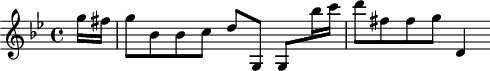 
\version "2.18.2"
\header {
  tagline = ##f
}

\score {
  \new Staff \with {

  }
<<
  \relative c'' {
    \key g \minor
    \time 4/4
    \tempo 4 = 88
    %\set Staff.midiInstrument = #"violin" 
    \override TupletBracket #'bracket-visibility = ##f 

     %%% RV618
     \partial 8 g'16 fis g8 bes, bes c d g,, g bes''16 c d8 fis, fis g d,4

  }
>>
  \layout {
     \context { \Score \remove "Metronome_mark_engraver" }
  }
  \midi {}
}
