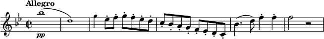 
\new Staff \with {
  midiInstrument = "violin"
}
\relative c''' {
  \tempo "Allegro"
  \tempo 2 = 90
  \key bes \major
  \time 2/2
  \tiny bes1\pp (| d,) | g4 \normalsize es8-. f-. g-. f-. es-. d-. | c-. bes-. a-. g-. f-. es-. d-. c-. | bes'4. (d8) f4-. f-. | f2 r
}
