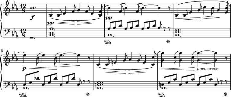 
 \relative c' {
 \new PianoStaff <<
 \new Staff { \key c \minor \time 12/8
 \override TextScript #'Y-extent = #'(-0.5 . 3.5) bes'1. bes,4\pp\<( bes8 d4 f8\! g4\> f8 d4\! <bes f'>8) (bes'4\pp )f8( bes4) f8( bes4.~) bes4 r8 bes,4\<( bes8 ees4 g8\! c4\> bes8 g4\! <bes ees,>8) (ees4\p\<) bes8( ees4) bes8\!( ees4.~\>) ees4\! r8 c,4( c8\< e4 g8\! aes4\> g8 e4\! <c c'>8) (<g' g'>4\<) c8( <g g'>4) c8(\!(<g g'>4.~)_\markup { \italic poco cresc. } (<g g'>4~ r8
 }
 \new Dynamics {
 s\f
 }
 \new Staff { \key c \minor \time 12/8 \clef bass
 <<
 { s1. s aes,8[ bes d] aes8[ bes d] aes8[ bes d] bes r r\sustainOff s1. ees,8[ g des'] ees,8[ g des'] ees,8[ g des'] ees, r r\sustainOff s1. e8[ g c] e,8[ g c] e,8[ g c] e, r r\sustainOff }
 \\
 { r1. \override TextScript #'Y-extent = #'(-0.5 . 3.5) <bes d aes'>1. bes\sustainOn <bes ees g>1. bes\sustainOn <bes e g> bes\sustainOn }
 >>
 }
 >>
 }
