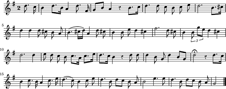 
\relative c'' {
  \override Rest #'style = #'classical
  \key g \major
  \override Staff.TimeSignature #'style = #'single-digit
  \time 2/2
  \partial 4
  \autoBeamOff
  d8. c16
  b4 d8.[ b16] a4 d8. fis,16
  g8[ b] a4 r b8.[ c16]
  d4. d8 c b c e
  d2. b8.[ cis16]

  d4 d d8 cis b a
  b4.( cis16[ d]) a4 d8 cis!
  b4 b8 e d4 cis
  fis2. d8 cis
  b4 \times 2/3 { b8 g'[ e] } d4 cis
  d2. d4

  e8 d c b c8.[ a16] c8.[ e16]
  d8.[ c16] b4 r d8 d
  d4 b8 g d'4 b8[ g]
  d'2\fermata r4 d8.[ c16]
  b4 c8. b16 a4 c8. e16

  d4.( c8) b4 c8 e
  d4. b8 d[ c] b a
  b2 e4. e8
  d4. b8 d[ c] b a
  g2
  \bar "|."
}
