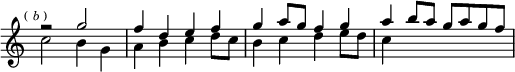 \relative g'' { \key c \major \time 2/2 \override Score.TimeSignature #'stencil = ##f \mark \markup \tiny { (\italic"b") } << { r2 g | f4 d e f | g a8 g f4 g | a b8 a g a g f } \\ { c2 b4 g | a b c d8 c | b4 c d e8 d | c4 } >> }