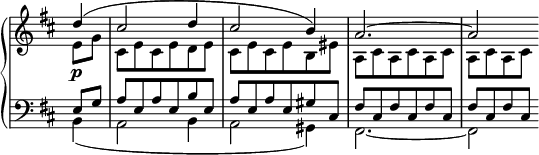 
 \relative c' {
 \new PianoStaff <<
 \new Staff \with { \remove "Time_signature_engraver" } { \key d \major \time 3/4 \partial 4
 <<
 { d'4( cis2 d4 cis2 b4) a2.~ a2 }
 \\
 { e8 g | cis, e cis e d e | cis e cis e b eis | a, cis a cis a cis | a[ cis a cis] }
 >>
 }
 \new Dynamics {
 s4\p
 }
 \new Staff \with { \remove "Time_signature_engraver" } { \key d \major \time 3/4 \clef bass \partial 4
 <<
 { e,8 g | a e a e b' e, | a e a e gis cis, | fis cis fis cis fis cis | fis[ cis fis cis] }
 \\
 { b4( a2 b4 a2 gis4) fis2.~ fis2 }
 >>
 }
 >>
 }
