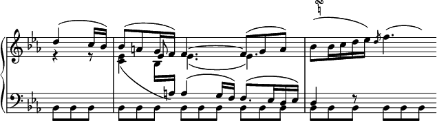 
 \relative c' {
  \new PianoStaff <<
   \new Staff = "up" \with { \remove "Time_signature_engraver" } { \key es \major \time 9/8 \partial 4.
  \override TextScript #'outside-staff-priority = ##f
    <<
     {
   \override DynamicLineSpanner #'staff-padding = #3.0
   \override TextScript #'avoid-slur = #'inside
      d'4( c16 bes) bes8( a g16 f) f4.~ f8( g a) \stemDown
      bes(^\markup    
           \override #'(baseline-skip . 1) {
            \null \halign #-1.5
            \tiny \center-column {
             \musicglyph #"scripts.turn"
             \natural
            }
           }
       bes16 c d es) \once \stemUp \slashedGrace d8 f4.*2/3( \hideNotes f8)
     }
    \\
     {
      r4 r8 <es, c>4( bes16 \change Staff = "down" \stemUp a)
      a4^\( g16 f\) f8.^\( es16 d es\) d4 f8\rest
     }
    \\
     { s4. s4 es'8 \stemDown es4._\( es\) }
    >>
   }
   \new Staff = "down" \with { \remove "Time_signature_engraver" } { \key es \major \time 9/8 \partial 4. \clef bass
    \stemDown bes,8[ bes bes] | bes[ bes bes] bes[ bes bes ] bes[ bes bes] |
    bes[ bes bes] bes[ bes bes]
   }
  >>
 }
