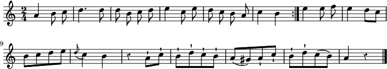 
\relative c'' {
  \override Rest #'style = #'classical
  \key a \minor
  \time 2/4
  \autoBeamOff
  \repeat volta 2 {
    a b8 c
    d4. d8
    d b c d
    e4 c8 e
    d c b a
    c4 b
  }
  e e8 f \autoBeamOn
  e4 d8 c

  b[ c d e]
  \appoggiatura d c4 b
  r a8-! c-!
  b[-! d-! c-! b-!]
  a[( gis) a-! c-!]
  b[-! d-! c( b)]
  a4 r
  \bar "|."
}
