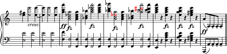 
\new PianoStaff <<
   \new Staff <<
    \set Score.tempoHideNote = ##t
    \tempo 2 = 88
    \override Staff.TimeSignature.transparent = ##t
         \relative c''
         { \override DynamicTextSpanner.style = #'none \crescTextCresc
<e gis> <e e'>2\< <e e'>4 ~ <e e'> <e e'>2 <e e'>4 <a c a'>\ff <a, c es a>2\fz <a c es a>4 <bes d bes'> <a' c es a>2\fz <a c es a>4 <bes d bes'> <a, c \tweak NoteHead.color #red \tweak Accidental.color #red es a>2\fz <a c es a>4 <bes d bes'> <a' c \tweak NoteHead.color #red \tweak Accidental.color #red dis a'>2\fz <a c dis a'>4 <a c e a > r <e a c e>\fz r <e a b e>\fz r <e gis b e>\fz r a,8\ff ( a,) a-. a-. a4-. \bar "||" }
          >>

    \new Staff <<
           \override Staff.TimeSignature.transparent = ##t
              \clef "bass"
              \relative c { <e e'>2 <e e'> <e e'> <e e'> <f f'>4 <f, f'>2 <f f'>4 <f f'> <f f'>2 <f f'>4 <f f'> <f f'>2 <f f'>4 <f f'> <f f'>2 <f f'>4 <e e'> r <e' a c e> r <e a b e> r <e gis b e> r a,,8 ( a') a-. a-. a4-. }
     >>
 >>
