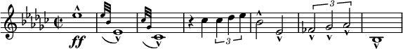  {\ new PianoStaff lt;lt; \ new Staff \ relative es '' {\ set Staff.midiInstrument = # quot;pianoquot; \ key es \ minor \ clef treble \ time 2/2 \ set Score.tempoHideNote = ## t \ tempo 2 = 50 es1 \ ff ^^ | % 2 \ acciaccatura {es32 bes32} es, 1 _ ^ | % 3 \ acciaccatura {ces'32 ges32} ces, 1 _ ^ | % 4 r4 ces'4 \ times 2/3 {ces4 des4 es4} | % 5 bes2 ^^ es, 2 _ ^ | % 6 \ times 2/3 {fes2 _ ^ ges2 _ ^ as2 _ ^} | % 7 bes, 1 _ ^} gt;gt;} 