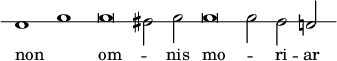 { \override Score.TimeSignature #'stencil = ##f \override Score.Clef #'stencil = ##f \override Staff.StaffSymbol #'line-count = #1 { \cadenzaOn a'1 c'' c''\breve bis'2 c'' c''\breve c''2 bis' a'! } \addlyrics { non _ om -- _ nis mo -- _ ri -- ar } }