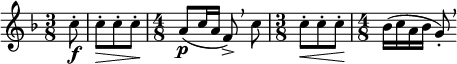 \relative c'' { \clef treble \key f \major \time 3/8 \partial 8*1 c8\f-.  |  c\>-.  C-.  C-.\!  |  \time 4/8 a(\p c16 a f8->)\respira c' |  \time 3/8 c-.\< c-.  C-.\!  |  \time 4/8 bes16( ca bes g8)-.\breathe }