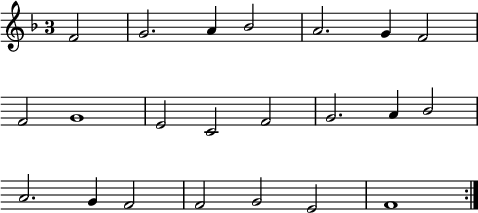 
\language "italiano"
melody = \relative do' {
  \time 3/2
  \key fa \major
  \stemUp
  \override Staff.TimeSignature.style = #'single-digit
  \partial 2 fa2 | sol2. la4 sib2 | la2. sol4 fa2 | \break
  \override Score.Clef.break-visibility = ##(#f #f #f)
  \override Score.KeySignature.break-visibility = ##(#f #f #f)
  fa2 sol1 | mi2 do fa | sol2. la4 sib2 | \break
  la2. sol4 fa2 | fa sol mi | \partial 1 fa1 \bar ":|."
}
\score {
  \new Staff { \melody }
  \layout {
    \context { \Staff 
               \RemoveEmptyStaves 
             }
    indent = 0\cm
    line-width = #120
    \override Score.BarNumber #'stencil = ##f
  }
  \midi { }
}
\header { tagline = ##f}
